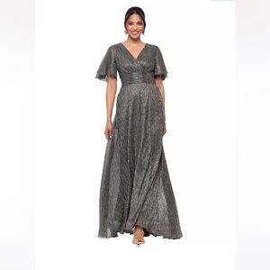 Betsy & Adam metallic sheen silver black mog mob wedding formal Gown size 8 NWT